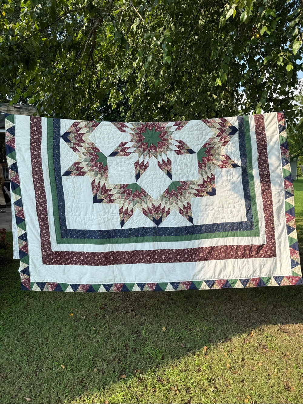 Vintage 100x90” Stitched Patchwork Star Quilt White, Burgundy, Green, Navy